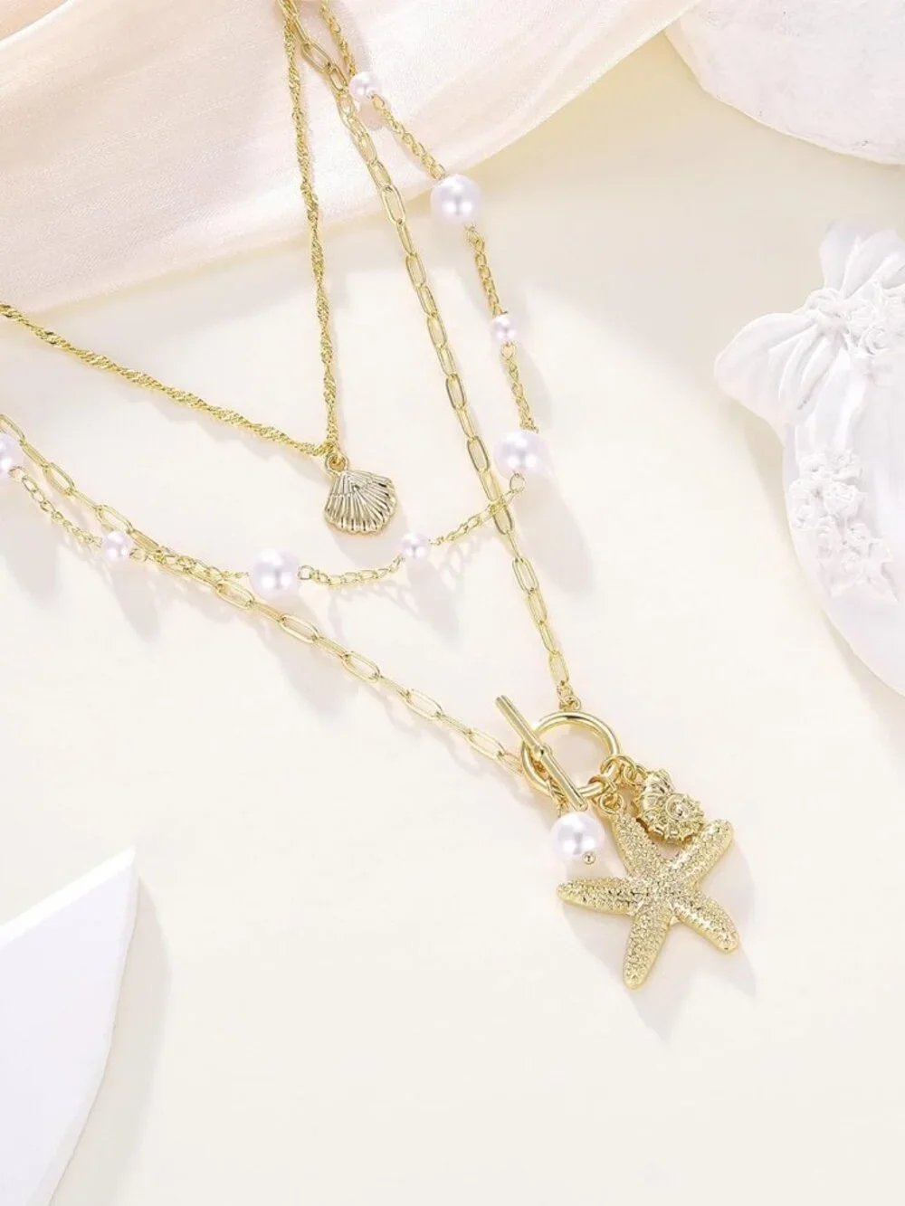 Layered Shell Necklace for Women, Starfish Pearl Pendant, Adjustable Beach - Picture 5 of 9